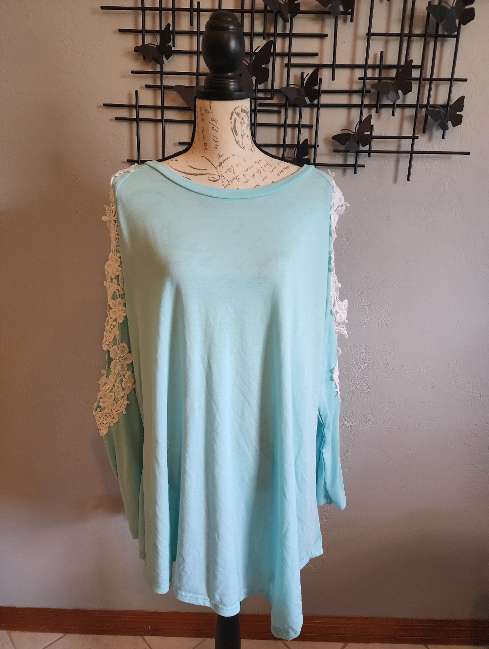 Blue Cold Shoulder Top With Lace